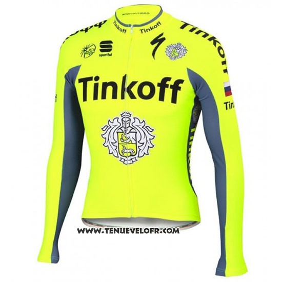 2016 Maillot Ciclismo Tinkoff Vert et Gris Manches Longues et Cuissard